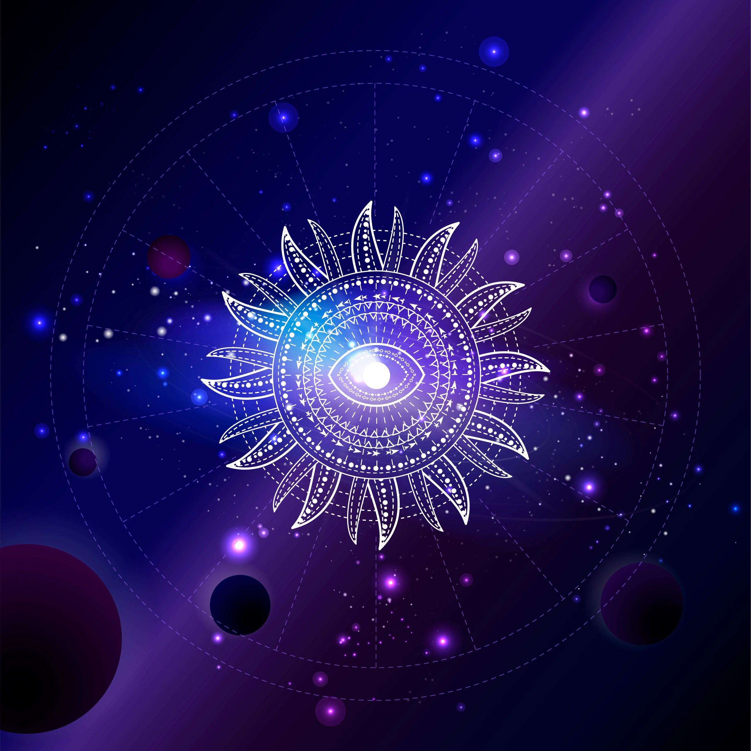 Cosmic sun symbol illustration with planets and stars