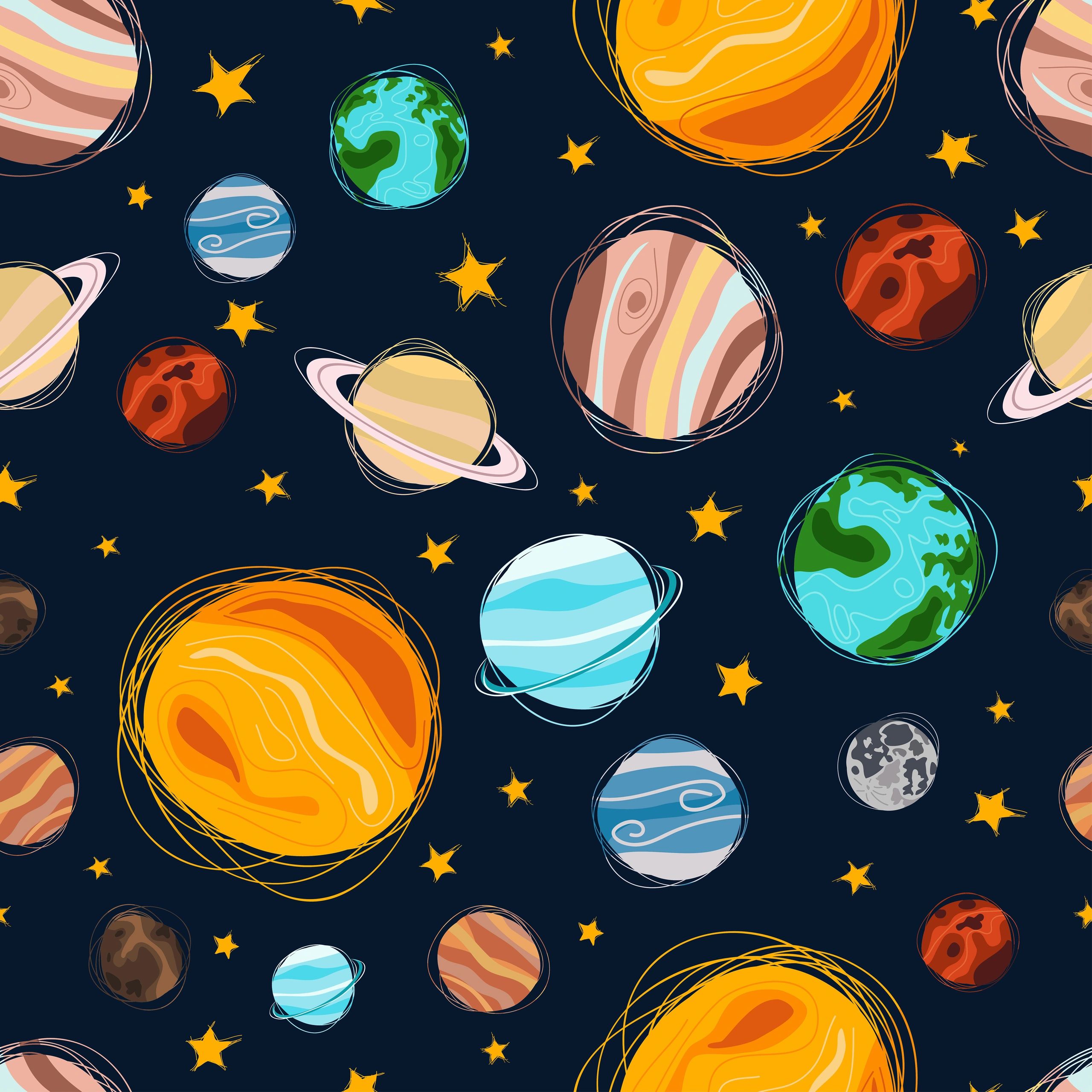 Cartoon-style planets and stars on a dark blue background