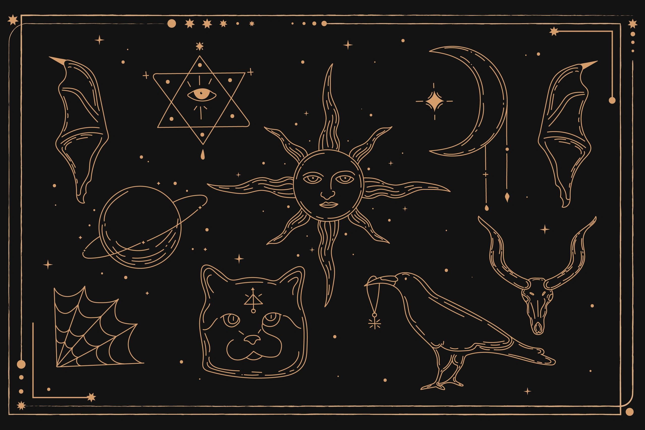 Illustrated esoteric symbols suggesting astrology tools and chart reading